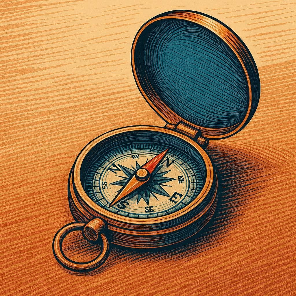 A compass lying open on a dark surface in warm golden light, symbolizing direction and guiding values.