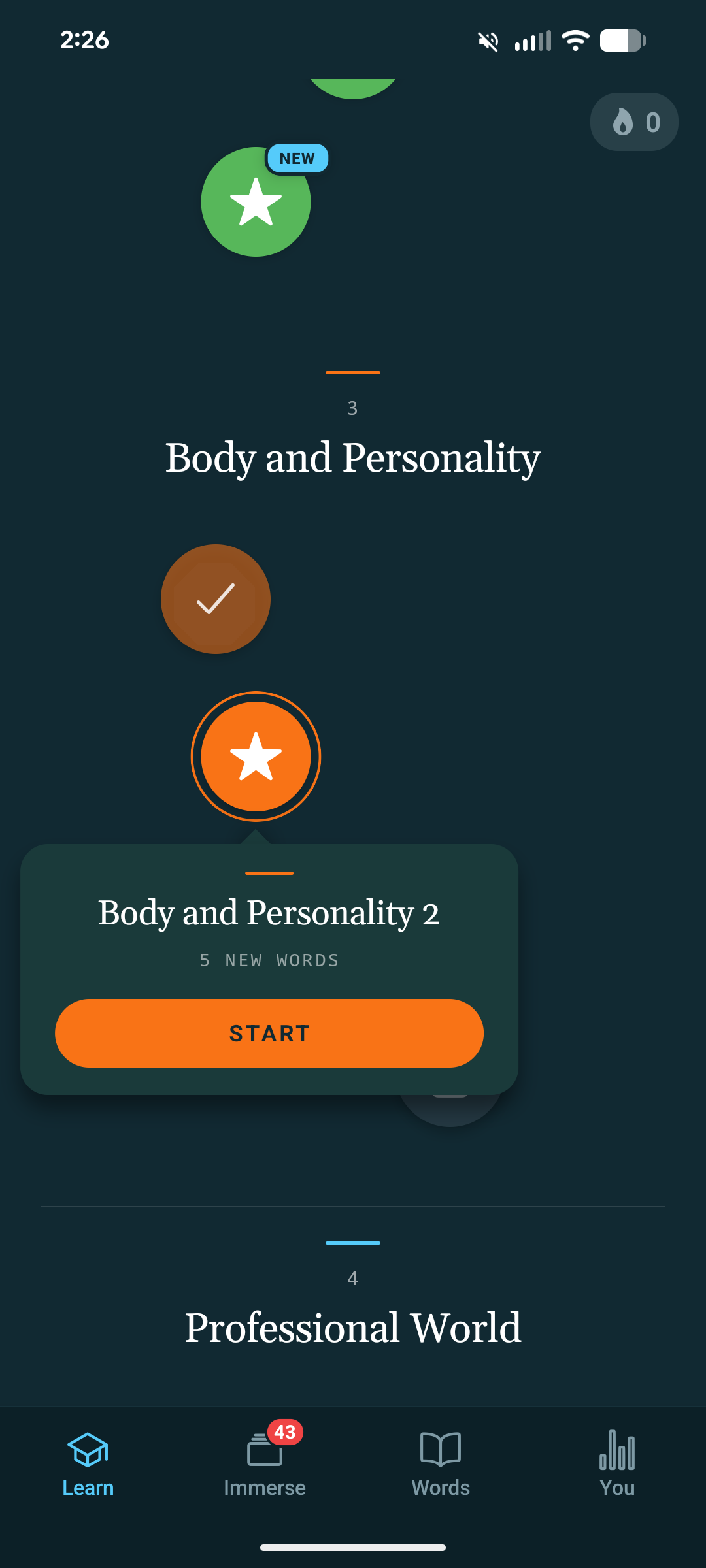 The course path, with the Body and Personality 2 lesson ready to start.