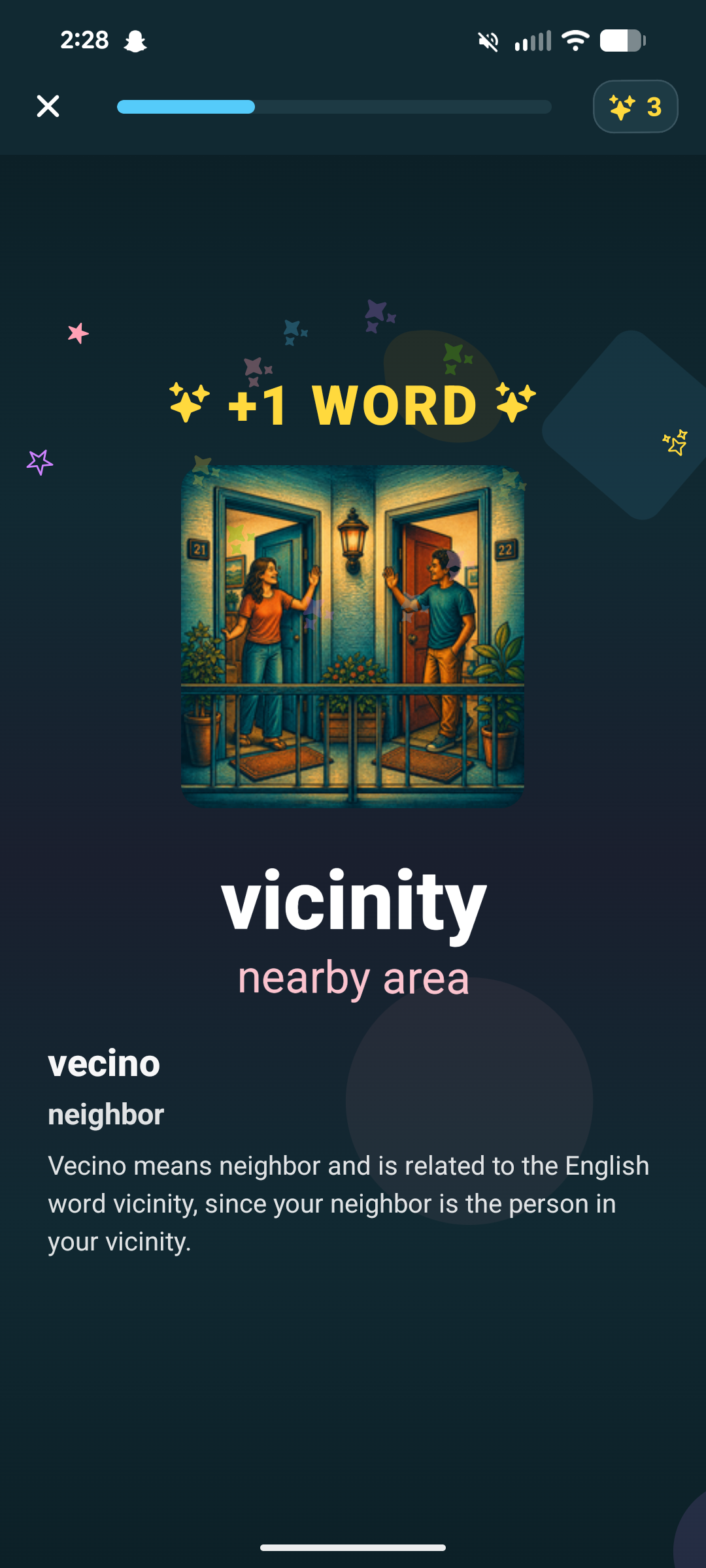 A new word in a lesson: vecino, related to the English word vicinity.