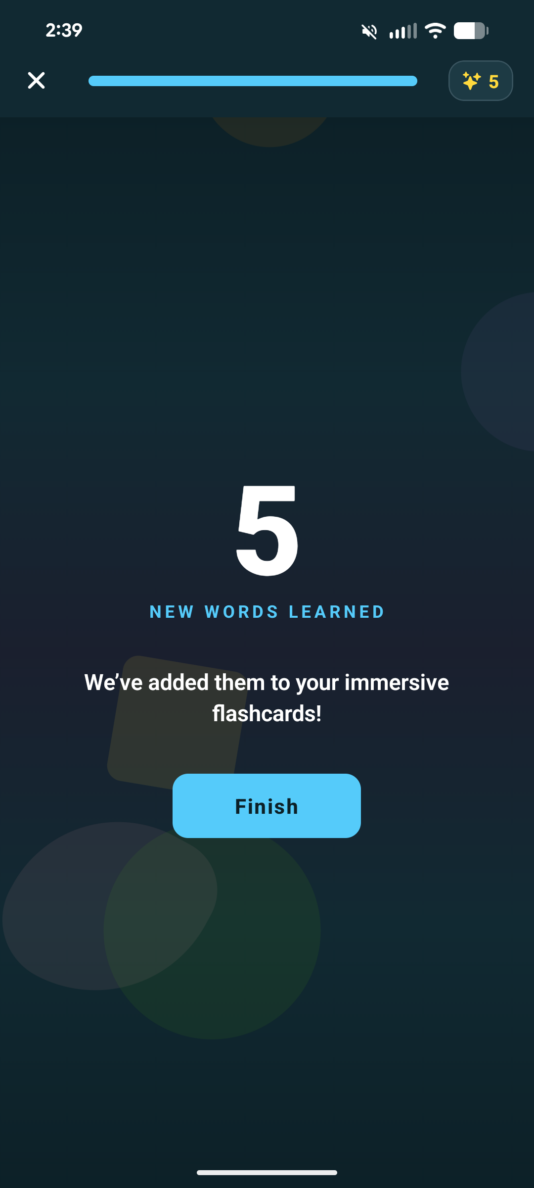 The end of a lesson: 5 new words learned.