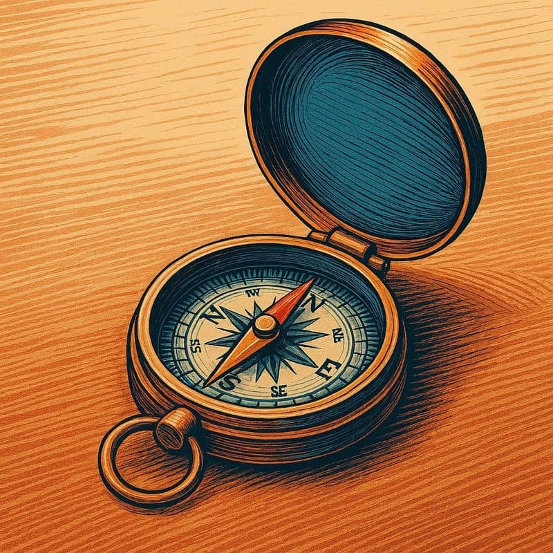 A compass lying open on a dark surface in warm golden light, symbolizing direction and guiding values.